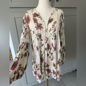 Free People Boho Floral Crochet Trim Tunic Dress Cream Pink Size S